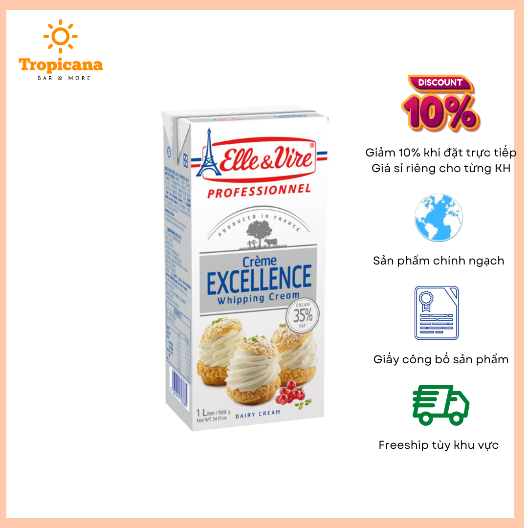  Kem Sữa Tươi Whipping Cream Elle & Vire Excellence - Hộp 1L 