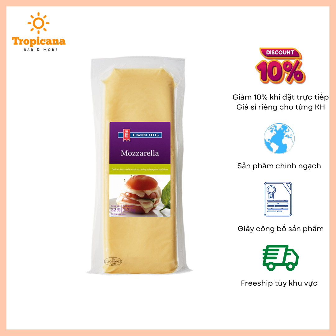  Phô mai Mozzarella Emborg - Khối 2.3kg & Bào gói 2kg 