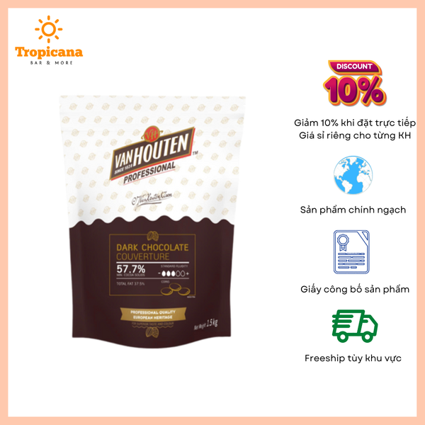  Couverture Chocolate đen nguyên chất nút 57.7% Van Houten -Gói 1.5kg [KHÁCH ĐẶT HỎA TỐC TRÁNH CHẢY SOCOLA] 