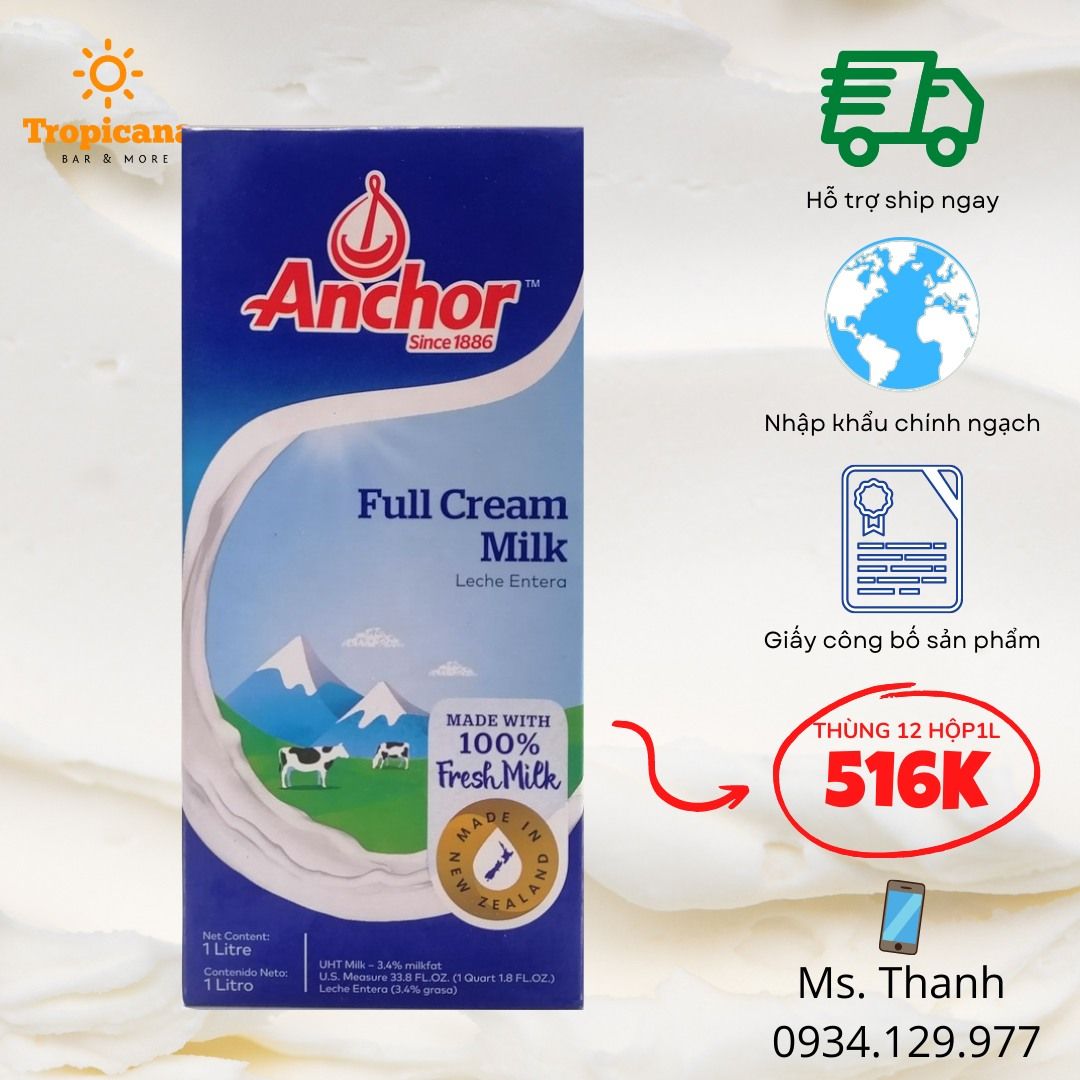  THÙNG sữa tươi nguyên kem Full Cream Anchor - Hộp 1L 
