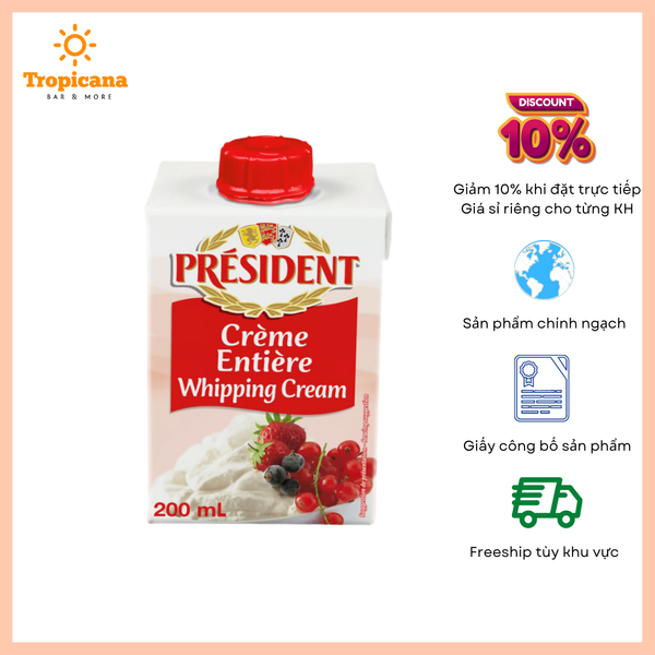  Kem Sữa Tươi Whipping Cream President  - Hộp 200ml 