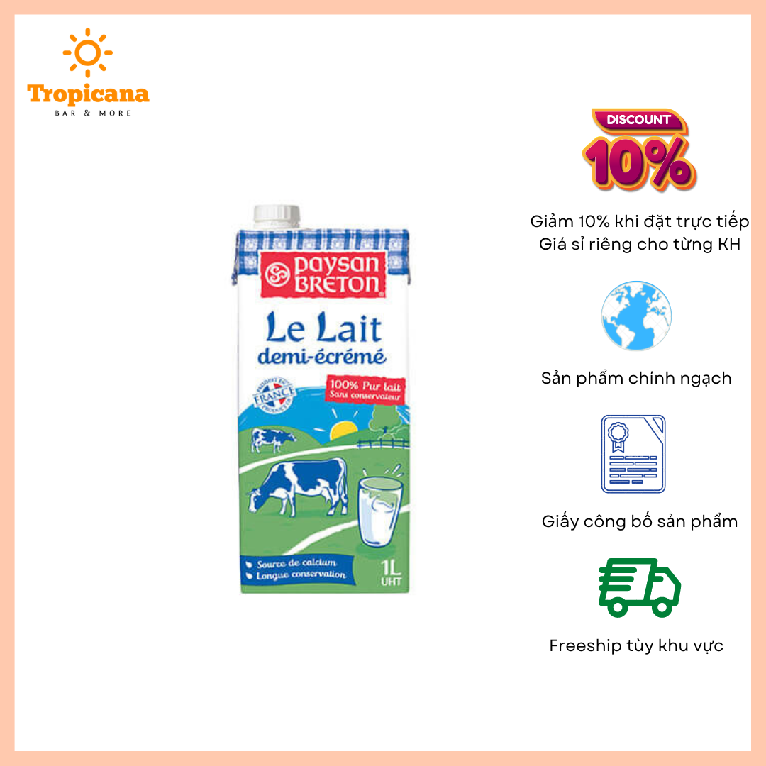  Sữa Tươi pháp Paysan Breton nguyên kem/ít béo - Hộp 1l 