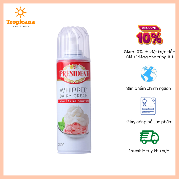  Kem tươi dạng xịt President - Whipped Cream - Chai 250ml 