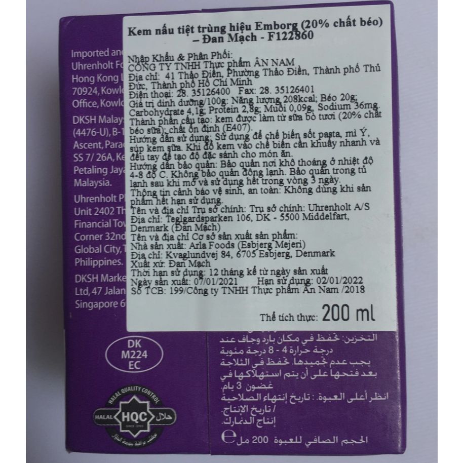  Kem nấu tiệt trùng Cooking Emborg (20% FAT) - Hộp 1L & Hộp 200ml 