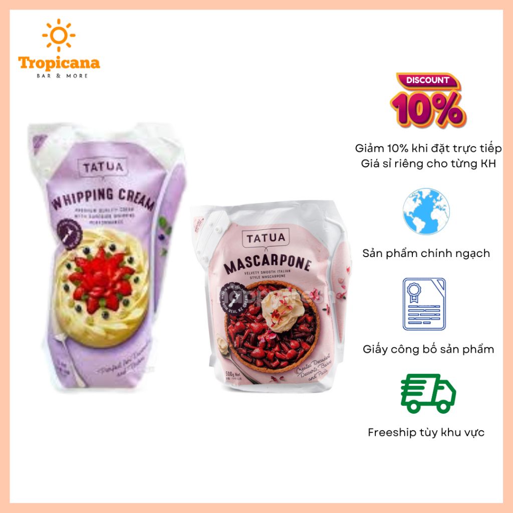  COMBO Whipping Tatua 1L và Mascarpone Cheese 500g - Nguyên liệu làm bánh Tiramisu 