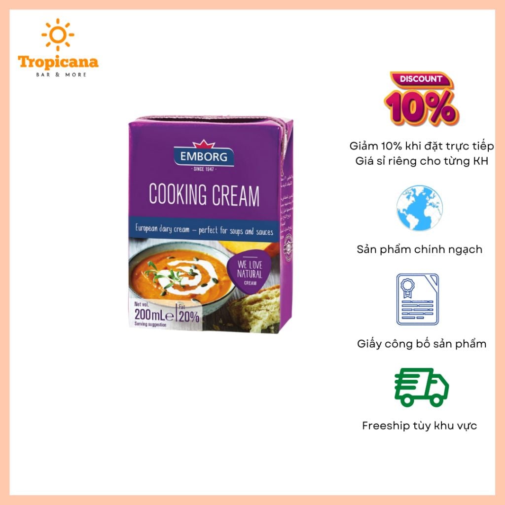  Kem nấu tiệt trùng Cooking Emborg (20% FAT) - Hộp 1L & Hộp 200ml 