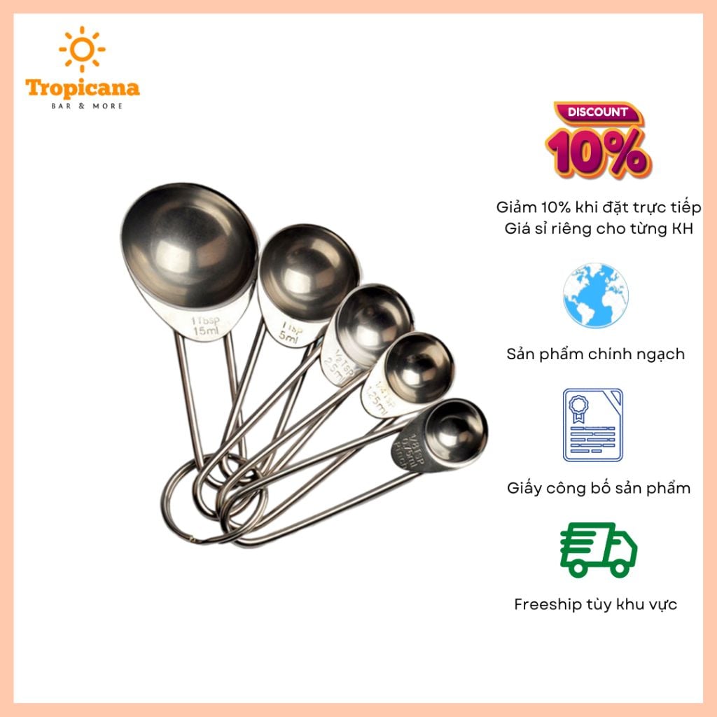  Bộ thìa đong inox 5 chiếc (Đơn vị tsp,ml) 