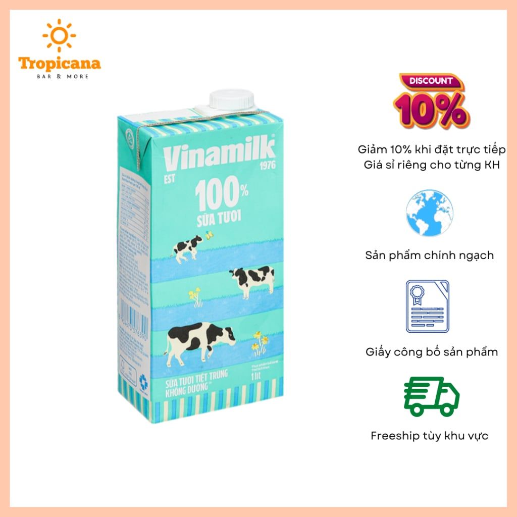  Sữa Tươi Tiệt Trùng Vinamilk 100% Có Đường - Hộp 1L 