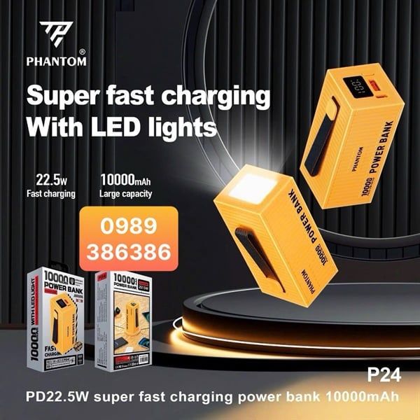 Pin Dự Phòng PHANTOM P24 Sạc Nhanh 22.5w- Có Đèn Pin- 10000mAh