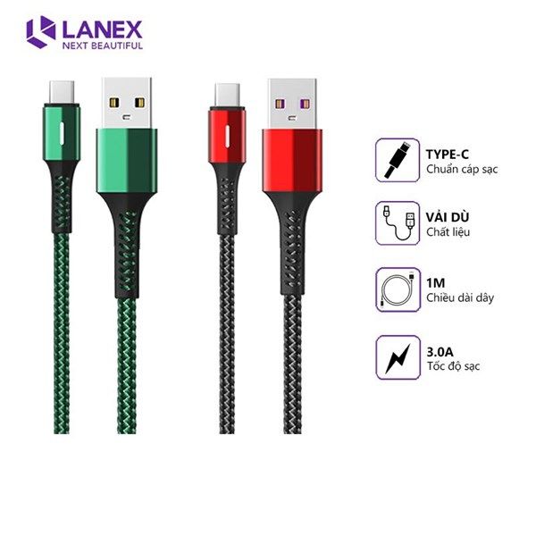 Cáp Sạc Nhanh LANEX LTC-P15C Type-C/ usb.C (Dây dù, 5.0A, Có Led 1.2m)