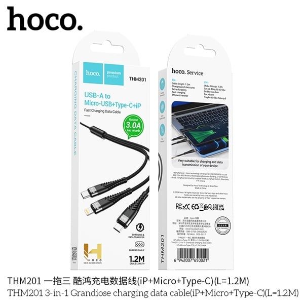 Cáp Sạc 3in1 - Hoco THM201 - dù 1.2m (sl10-1/20-2/50-3)