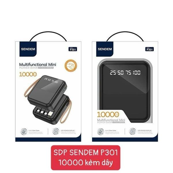 Pin Dự Phòng 10000mAh - SENDEM P301 -Sạc Nhanh - Kèm Dây