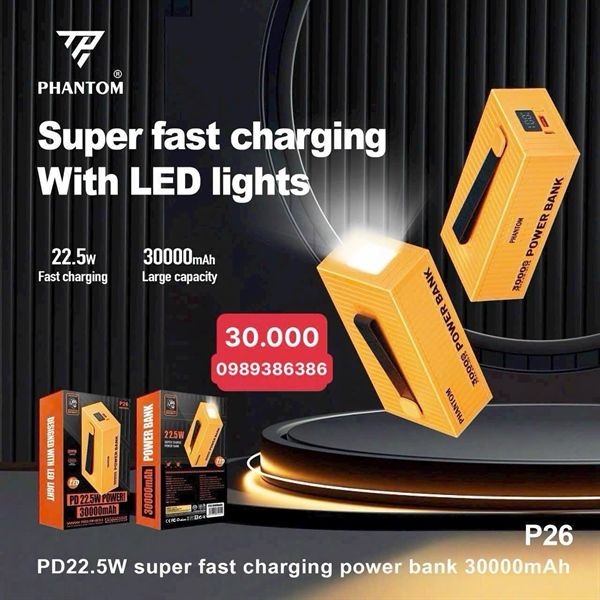 Pin Dự Phòng PHANTOM P26 30000mAh sạc nhanh có đèn led