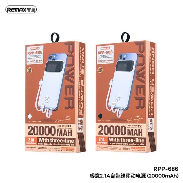 Pin Dự Phòng Remax RPP 686 - 20000mAh - Sạc Nhanh 22.5W -3 Dây