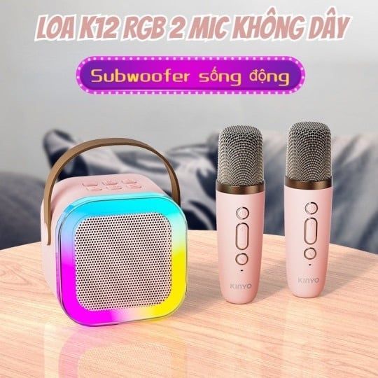 Loa Bluetooth Karaoke Mini K12 Kèm 2 Mic Không Dây