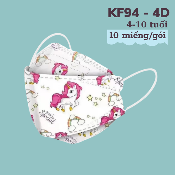 [4-10tuổi] Khẩu trang vải không dệt chống bụi mịn cao cấp KF94 - 4D cho bé gái - Kỳ lân tóc hồng