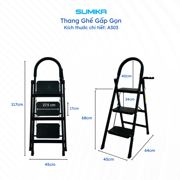  Thang ghế Thép carbon 3 bậc SUMIKA A303, chiều cao 68cm 