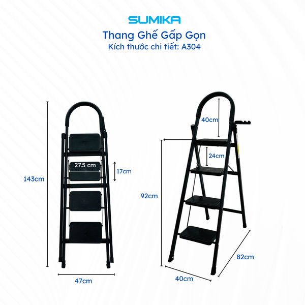  Thang ghế Thép carbon 4 bậc SUMIKA A304, chiều cao 92cm 