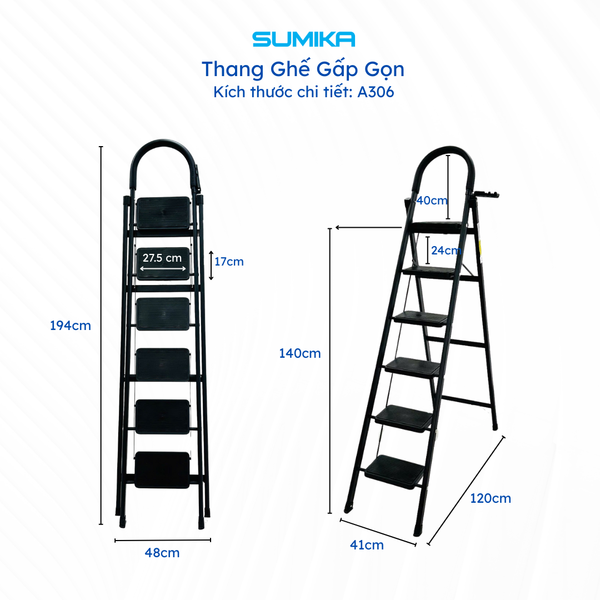  Thang ghế Thép carbon 6 bậc SUMIKA A306, chiều cao 140cm 
