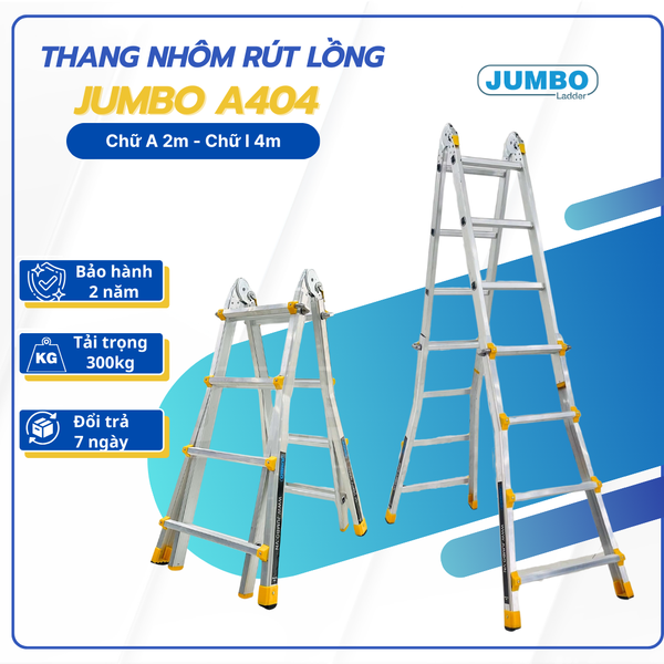  Thang nhôm rút lồng JUMBO A404, chữ A cao nhất 1.9m 