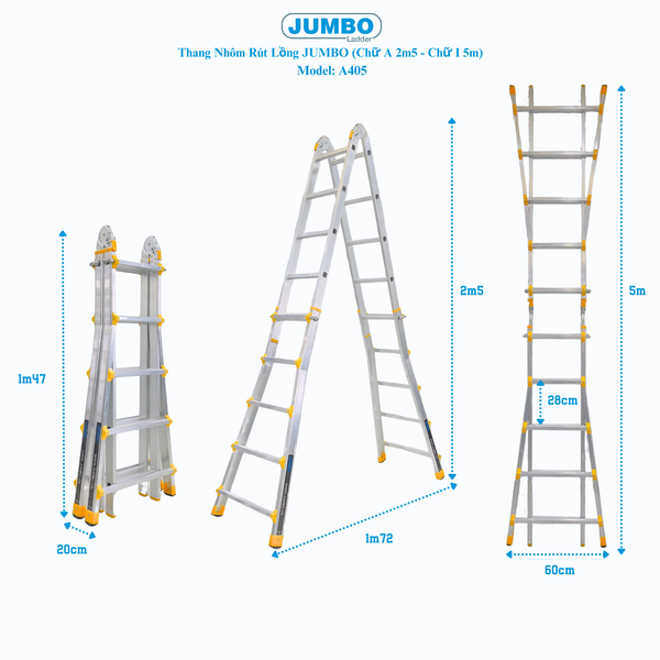  Thang nhôm rút lồng JUMBO A405, chữ A cao nhất 2.5m 
