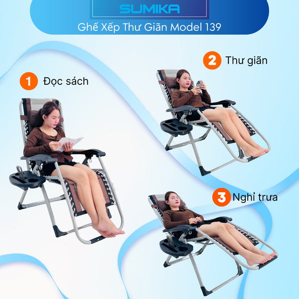  Ghế xếp thư giãn SUMIKA 139, khóa kim loại, tải trọng 300kg, lưới bọc nệm 