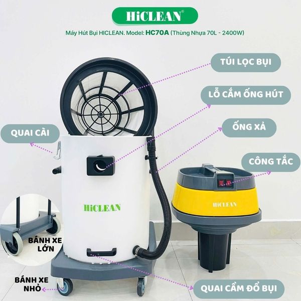  Máy hút bụi công nghiệp HiClean HC70A, công suất 2400W 