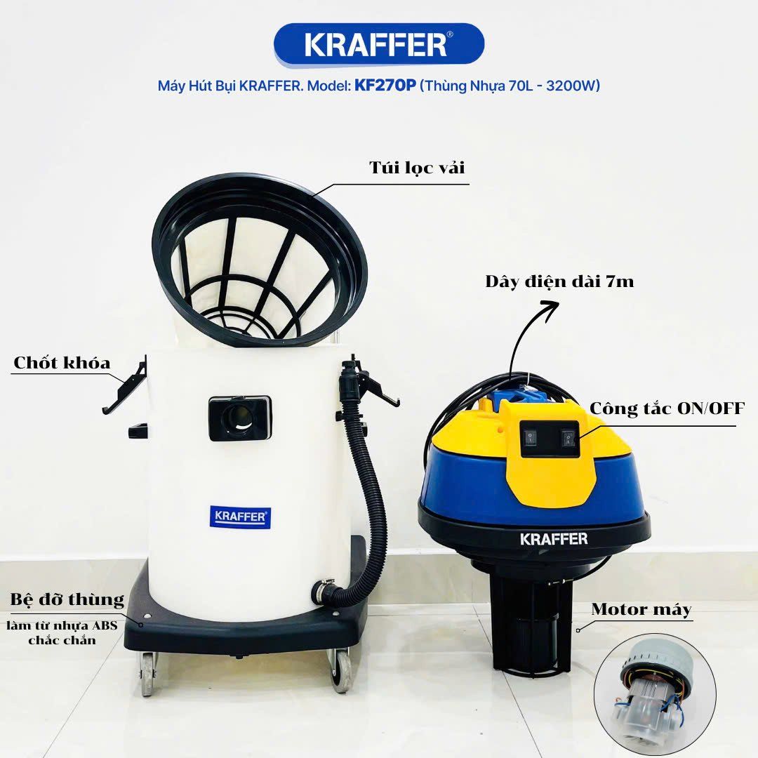  Máy hút bụi công nghiệp Kraffer KF270P, công suất 3200W 