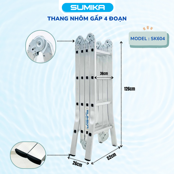  Thang nhôm gấp 4 đoạn SUMIKA SK604, chữ A cao 2.35m, chữ I cao 4.7m 