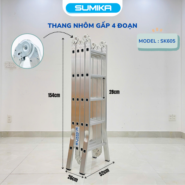  Thang nhôm gấp 4 đoạn SUMIKA SK605, chữ A cao 2.9m, chữ I cao 5.8m 