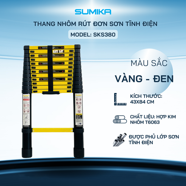  Thang nhôm rút gọn Sumika SKS380, sơn tĩnh điện, chiều cao 3.8m 