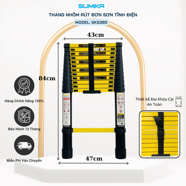  Thang nhôm rút gọn Sumika SKS380, sơn tĩnh điện, chiều cao 3.8m 