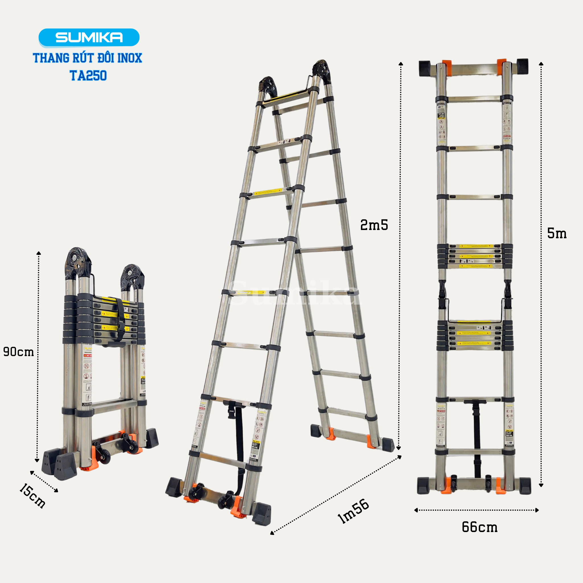  Thang Inox rút chữ A SUMIKA TA250, chiều cao 2.5M 