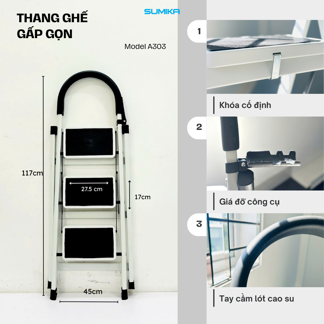  Thang ghế Thép carbon 3 bậc SUMIKA A303, chiều cao 68cm 