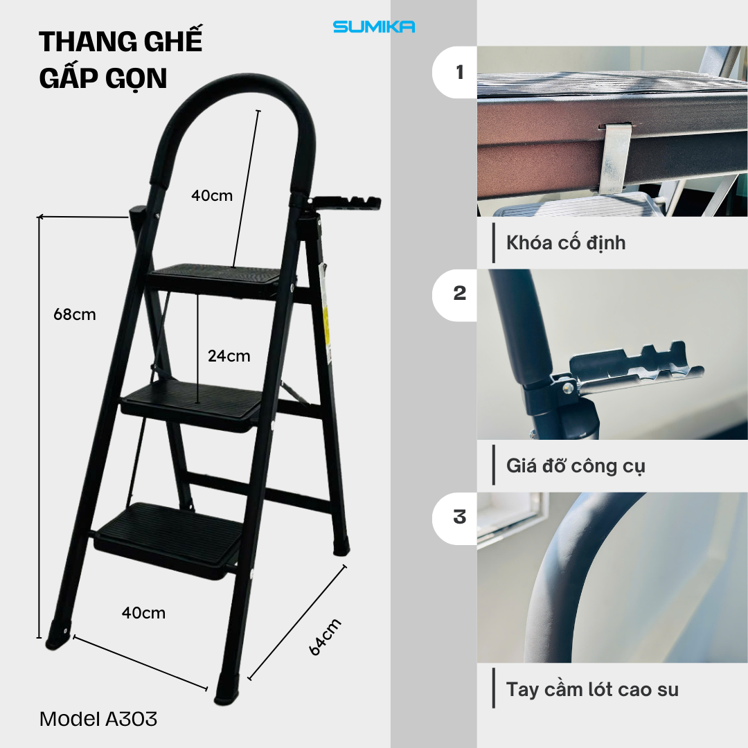  Thang ghế Thép carbon 3 bậc SUMIKA A303, chiều cao 68cm 