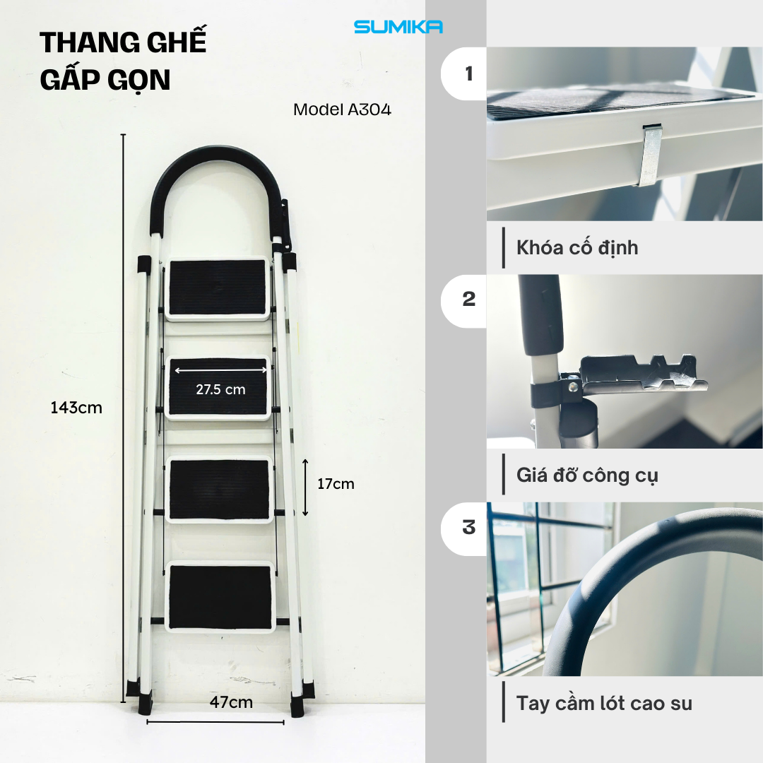  Thang ghế Thép carbon 4 bậc SUMIKA A304, chiều cao 92cm 