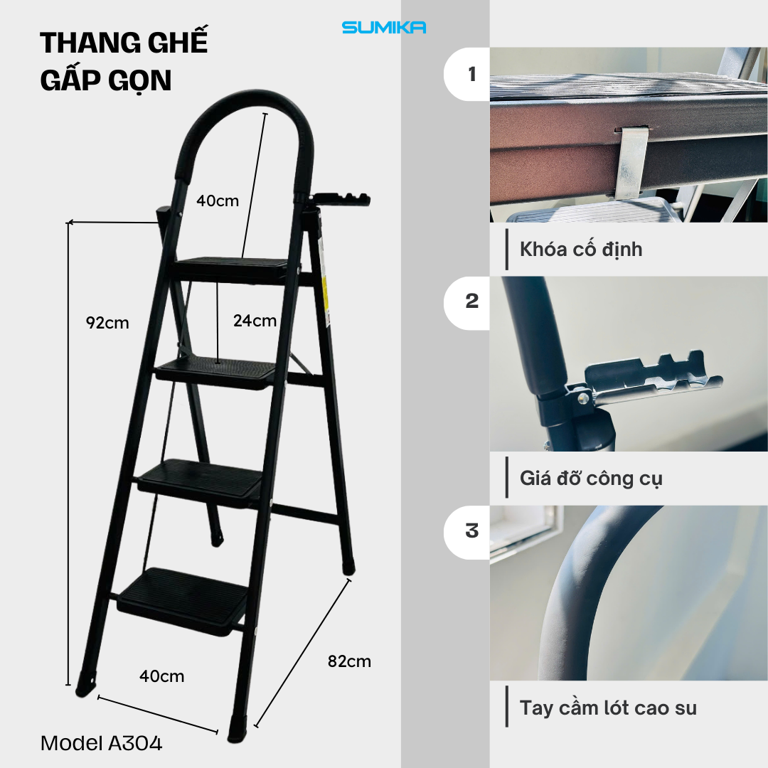  Thang ghế Thép carbon 4 bậc SUMIKA A304, chiều cao 92cm 