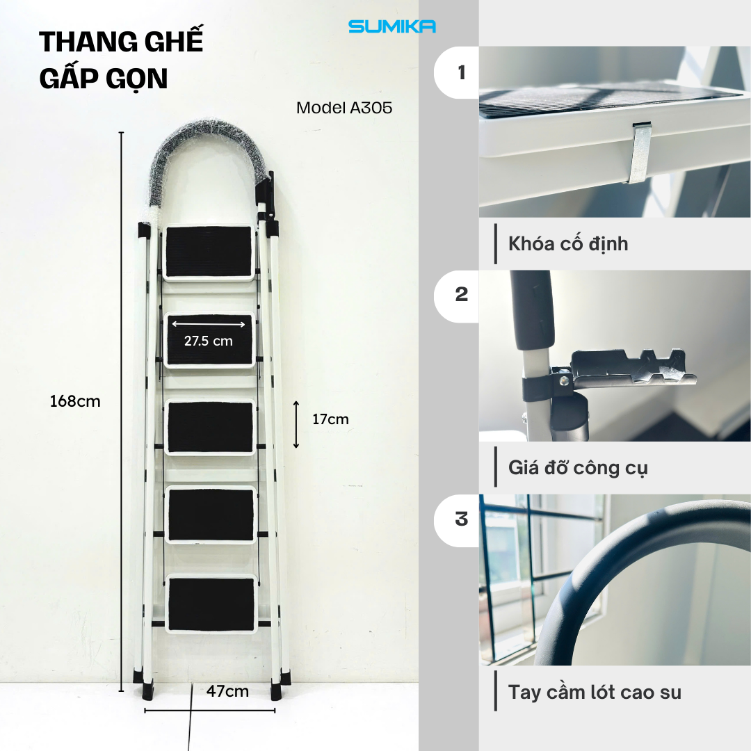 Thang ghế Thép carbon 5 bậc SUMIKA A305, chiều cao 117cm 