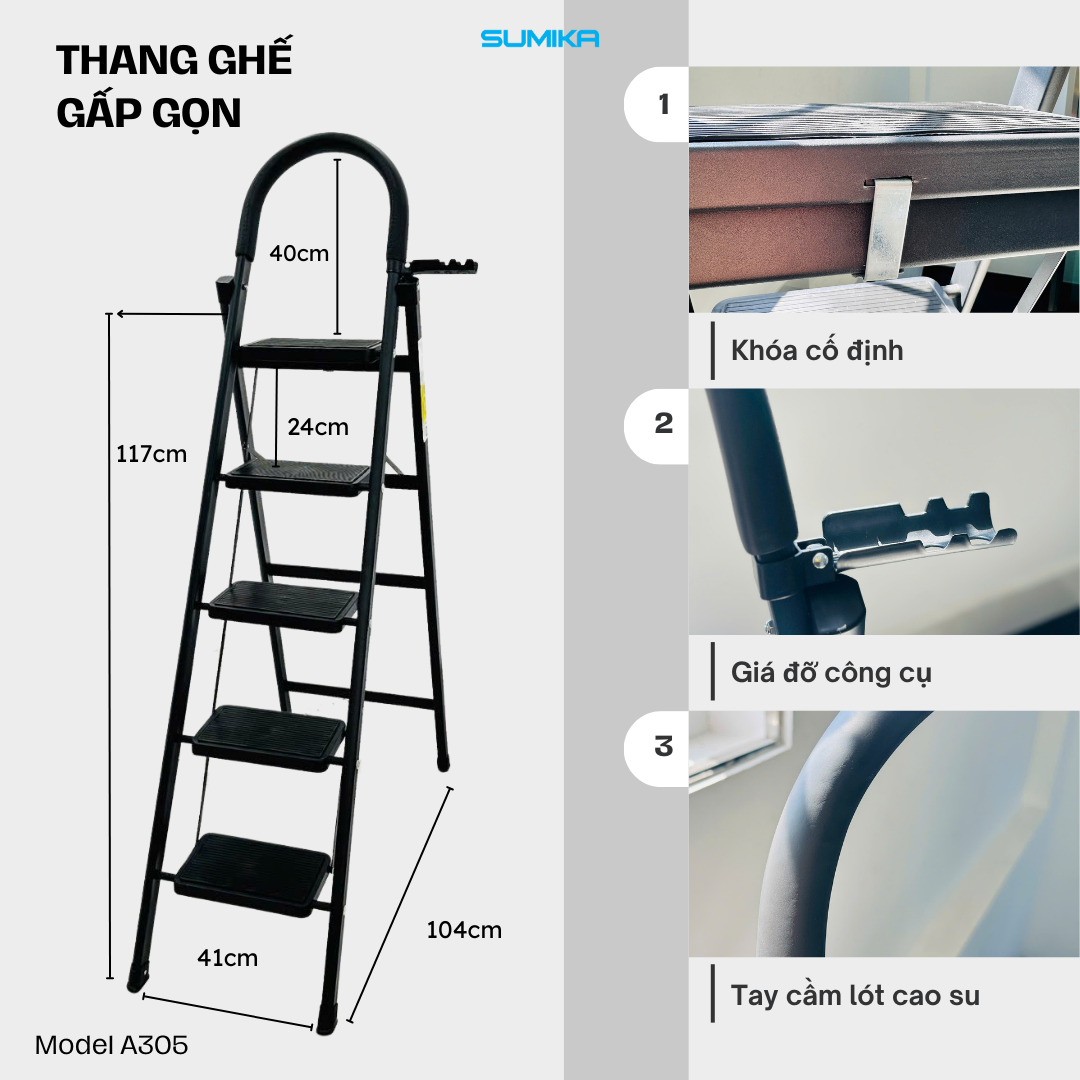  Thang ghế Thép carbon 5 bậc SUMIKA A305, chiều cao 117cm 