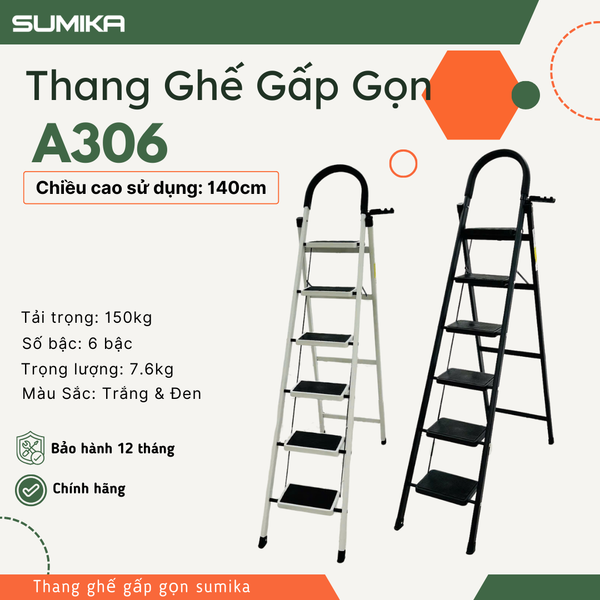  Thang ghế Thép carbon 6 bậc SUMIKA A306, chiều cao 140cm 
