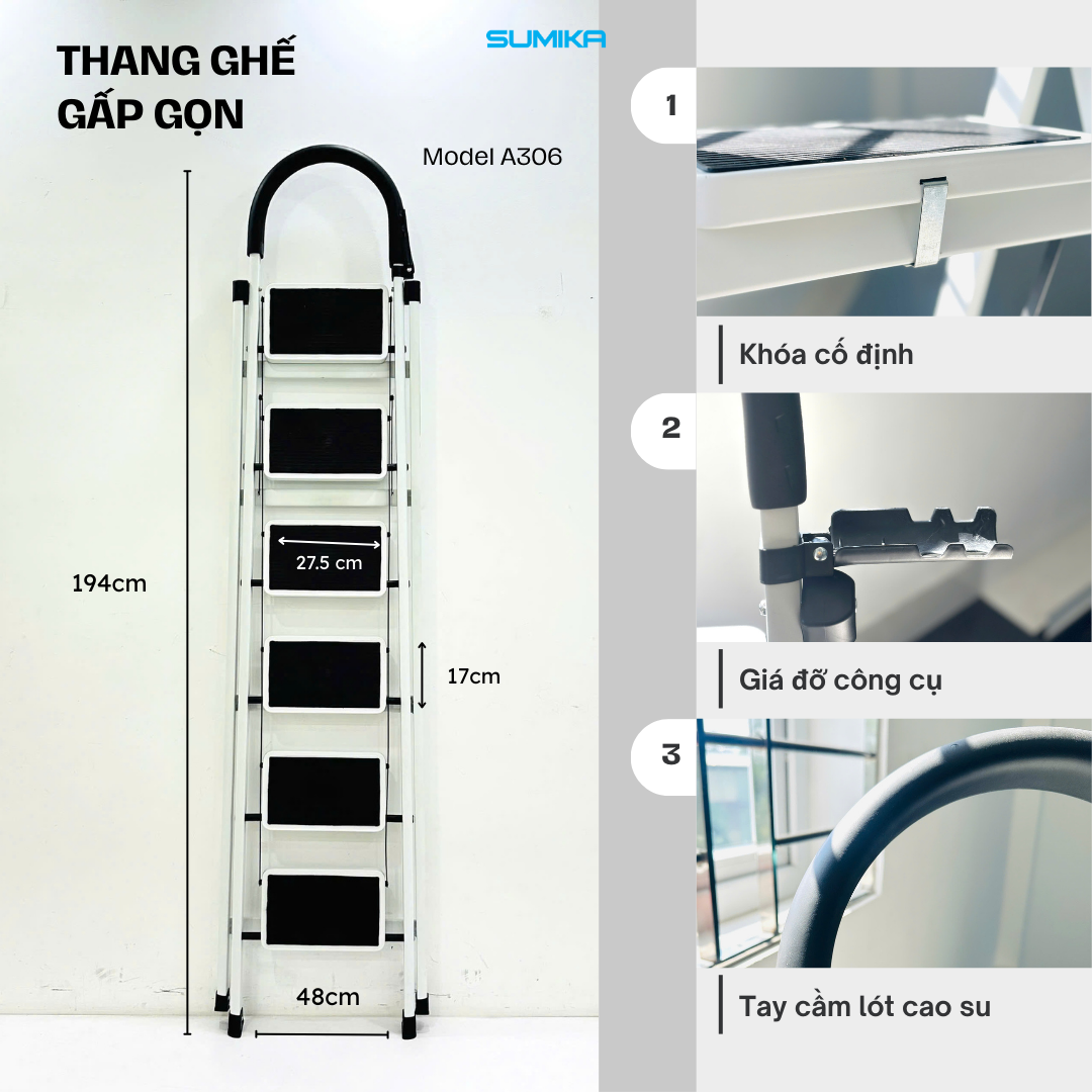  Thang ghế Thép carbon 6 bậc SUMIKA A306, chiều cao 140cm 