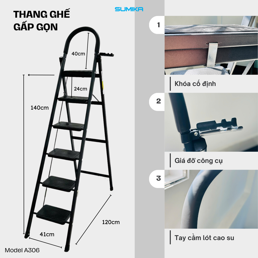  Thang ghế Thép carbon 6 bậc SUMIKA A306, chiều cao 140cm 