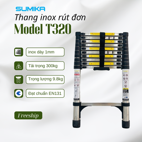  Thang rút inox SUMIKA T320, đai đen, chiều cao 3.2m 