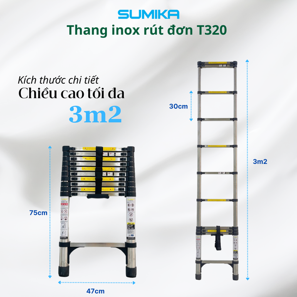  Thang rút inox SUMIKA T320, đai đen, chiều cao 3.2m 
