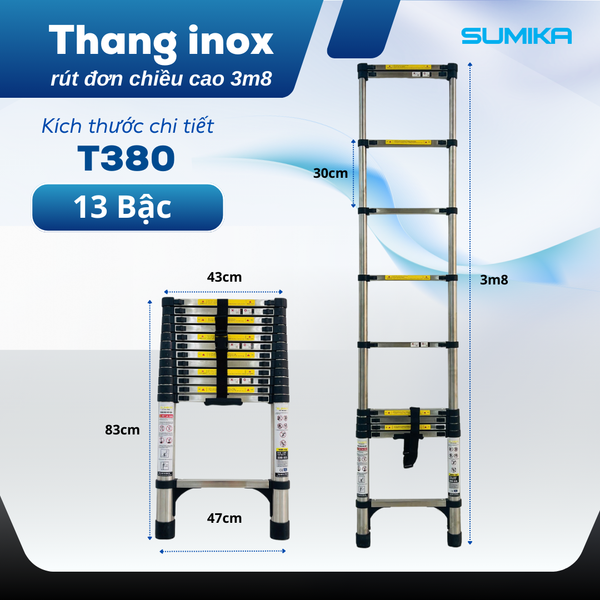  Thang rút inox SUMIKA T380, đai đen, chiều cao 3.8m 