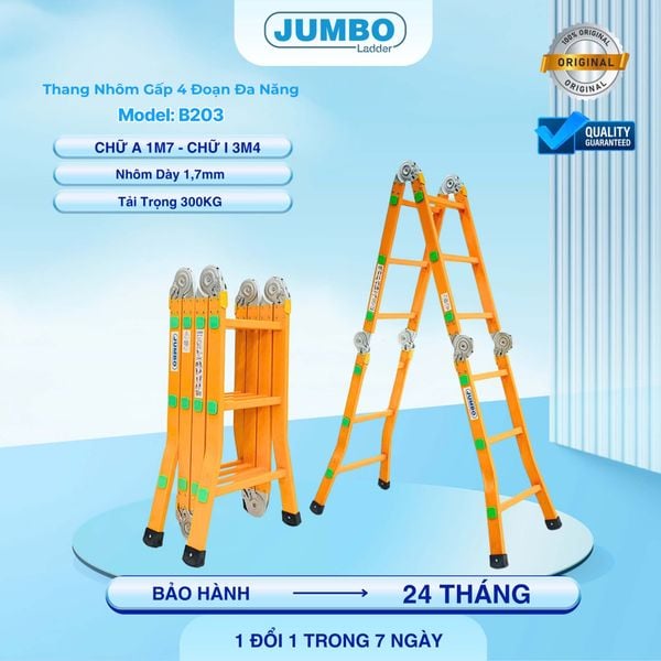  Thang nhôm gấp 4 đoạn JUMBO B203, chữ A cao 1.7m 