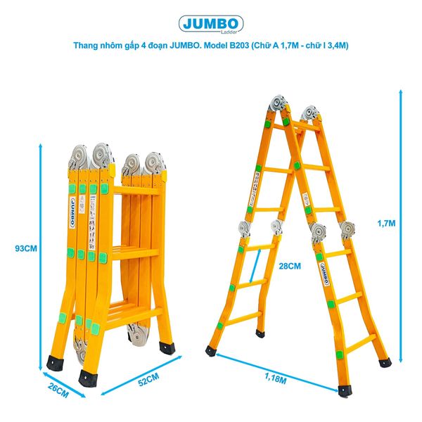  Thang nhôm gấp 4 đoạn JUMBO B203, chữ A cao 1.7m 