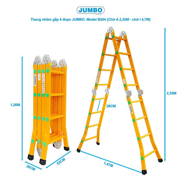  Thang nhôm gấp 4 đoạn JUMBO B204, chữ A cao 2.35m 