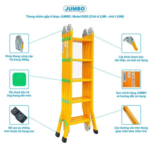  Thang nhôm gấp 4 đoạn JUMBO B205, chữ A cao 2.9m 