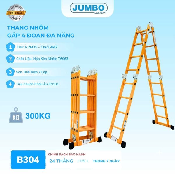  Thang nhôm gấp 4 đoạn JUMBO B304, chữ A cao 2.35m 